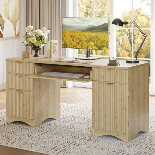 Bestier 63 Inch Home Office Desk with Drawers, Fluted Executive Desk with Ample File Drawer, Keyboard Tray & Storage Cabinet for Study, Living Room, Bedroom, Natural Oak - color: Natural Wood Finish, size: 63 Inch