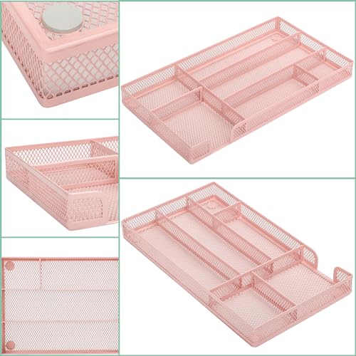 Annova Desk Drawer Organizer Tray for Office Organization - Metal Mesh - Storage Tray with Dividers for Pens, Desktop Accessories, Bathroom, Kitchen, Makeup and Office Supplies (Small, Light Pink) - color: Light Pink, size: 11.4" x 6.3" x 1.2"