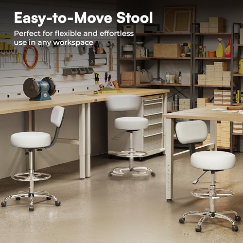 SUPERJARE Drafting Chair with Backrest, Adjustable Foot Rest Rolling Stool | Multi-Purpose Shop Stool, Drafting Stool, Office Desk Chair, Bar Stools with Thick Seat Cushion for Home Bar Kitchen, White - color: White