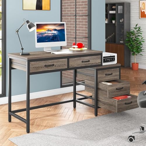 Tribesigns Computer Desk with 5 Drawers, Reversible Home Office Desks - color: Grey