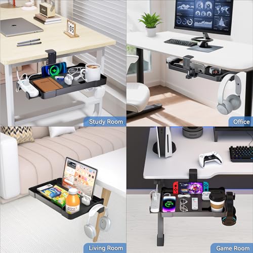 KDD Under Desk Organizer - 360° Rotating Clamp-On Tray with Headphone Hook, Phone & Tablet Holder, Cup Holder, and Cable Management - No Drilling Desk Storage Accessories for Office and Home