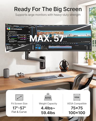 monTEK Single Monitor Wall Mount, 17–57" Gas Spring Arm, Heavy Duty, Black | Fits Max 57" Curved & Ultrawide Monitors, Holds Up To 59.4 Lbs, Full Motion Wall Mount, Compatible With 75/100mm VESA - color: Black, size: 57 Inch