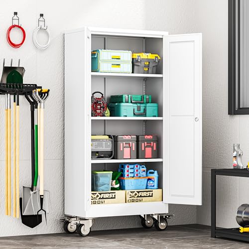 erosoei 61" H Metal Garage Storage Cabinet, Rolling Tool Cabinet with 2 Doors and Wheels, Locker Steel Cabinet with 3 Adjustable Shelves, Organization Cabinet for Garage,Office,Home,Gym,School(White) - color: White, size: 61"-CasLck