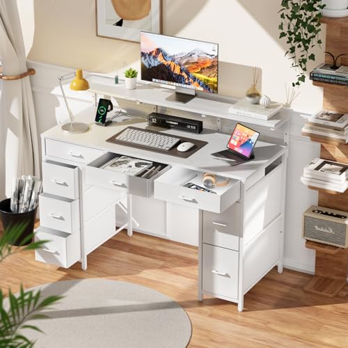 HLDIRECT 47 Inch Gaming Desk with LED Light and 8 Storage Drawers, White - color: White