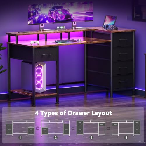 Korfile 47 Inch Computer Desk with Power Outlets,LED,5 Drawers,Rustic Brown - color: Rustic Brown, size: 47 Inch