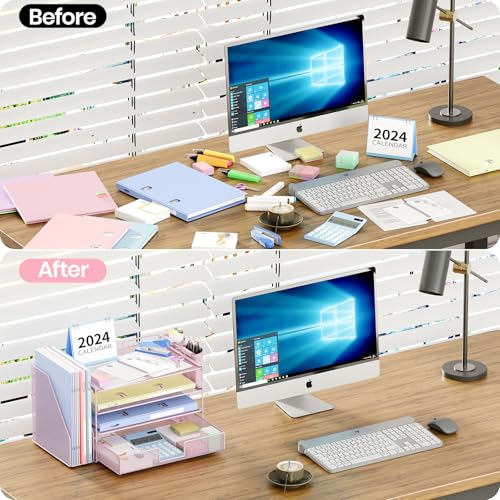OPNICE Desk Organizer, 4-Tier Desktop File Organizer with Drawer and Pen Holders, Office Desk Accessories, File Sorters, Workspace Organizers for Office Supplies(Pink) - color: Pink, size: 4T
