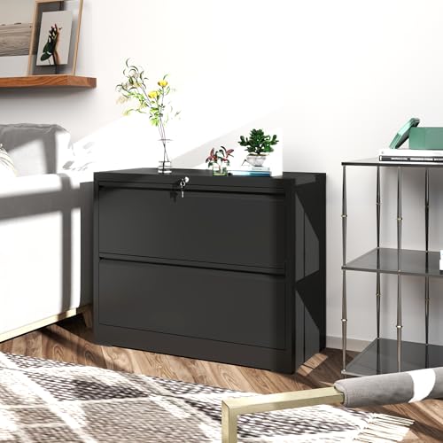 2 Drawer File Cabinet with Lock, Metal Lateral Filing Cabinets - color: Black, size: 2 Drawer_ 35"W