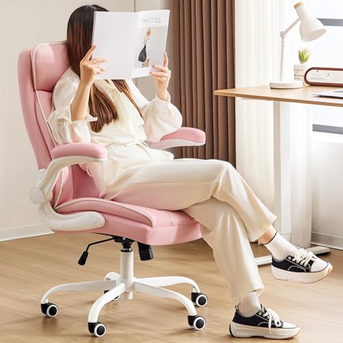 Leather Office Chair, Computer Desk Chair with Lumbar Support,Height Adjustment, Comfortable Excutive Task Chairs 400lbs with Padded Flip-up Armrests, Pink - color: Pink