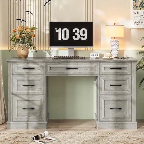 Vabches Farmhouse 59'' Executive Desk with File Drawers, Grey - color: Grey, size: 59" W