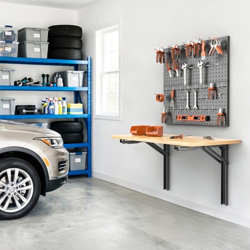 TORACK Wall Folding Workbench with Pegboard Kit, Collapsible Wall Table | Wall Folding Desk for Garage, Workshop, Tools Storage Pegboard, Holds up to 550 lbs, Size: 47.25x22.75 in - size: 47.25x22.75in tabletop