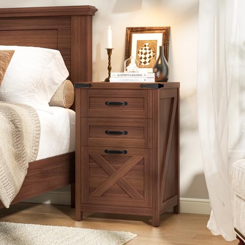 Halitaa Small Farmhouse File Cabinet with 3 Drawers for Home Office, Walnut | Vertical Filing Cabinet Fits Letter and A4 Size, Farmhouse Printer Stand, Under Desk Wooden File Cabinet - color: Walnut, size: 3 Drawers