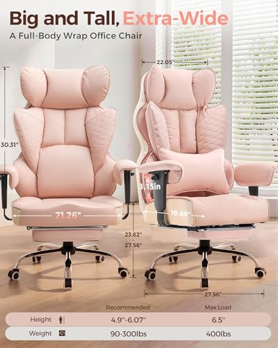 COMHOMA Big and Tall Office Chair Heavy Duty Gaming Chair with Deluxe Embossing Leather High Back Wider Ergonomic Computer Chair with Foot Rest 145°Reclining Pocket Spring Lumbar Support - color: Rose Pink