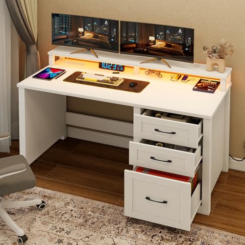 Vabches 47" Farmhouse Executive Desk with 3 Drawers and LED Lights, White - color: White, size: 3 Drawers & Monitor Stand
