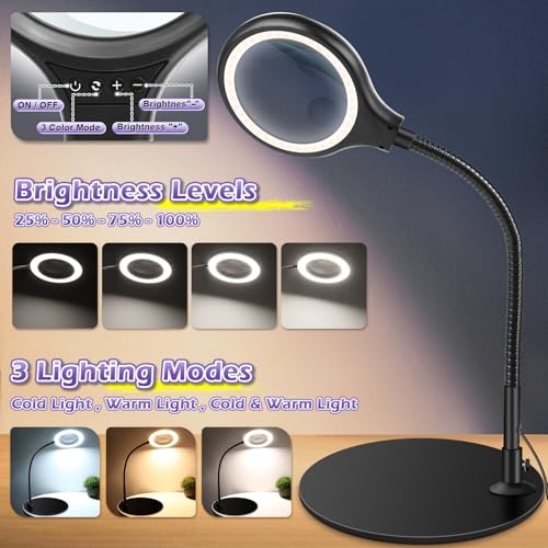 10X 20X Desk Magnifying Glass with Light and Stand, Magnifying Lamp with 3 Color Modes Lighted Magnifying Light for Crafts Hands Free, Head Button Reading Magnifier for Books Sewing
