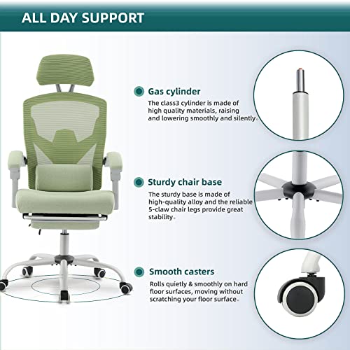 DUMOS Gaming Chair with Footrest, Home Office Desk Chair | High-Back Mesh Rolling Swivel with Wheels, Comfy Headrest, Arms, Lumbar Support, Elegant Green - color: Elegant Green, size: 23"D x 20"W x 50.75"H