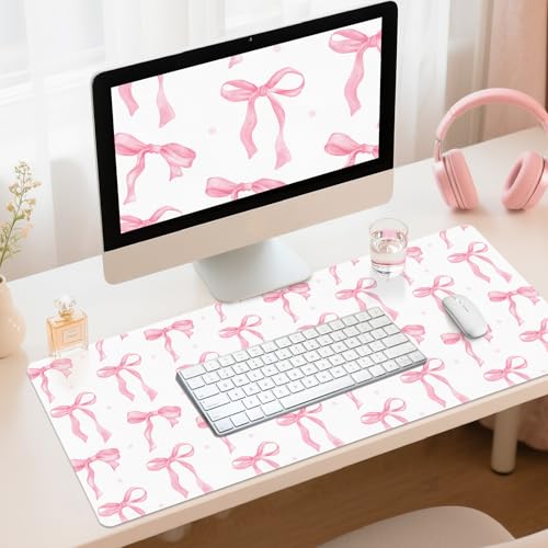 Desk Mat, XXL Large Mouse Pad,Leather Desk Pad Blotter Protector,Computer Laptop Mouse Pads for Desktop,Waterproof Writing Anti-Slip Mousepad for Office and Home I Pink Bow Girly - color: Pink Bow Girly