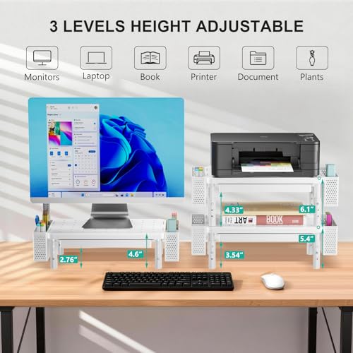 WALI Computer Monitor Stand with Storage and Pen Holder | 3 Height Adjustable Desk Organizer with Drawer, Desk Laptop Monitor Riser for Computer, Printer(PTT003-W), 1 Pack, White - color: White, size: 14.6"L * 9.3"W,11" 1 Drawer, 2 Pen Holder