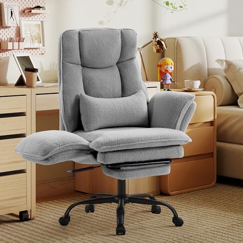 Wider Seat Office Chair with Flip Armrests for Criss Cross Legged&Cats, Big and Tall Executive Ergonomic Reclining Chair with Footrest&Lumbar Pillow, Teddy Fleece Desk Chair,Grey Vanity Chair - color: Grey