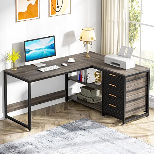 LITTLE TREE 59-Inch L Shaped Desk with Drawers, Large Computer Desk with Storage Shelves, Reversible L-Shaped Corner Desk Workstation for Home Office - color: Grey