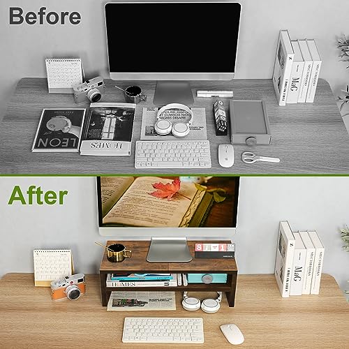 TEAMIX 20 inch Monitor Riser Stand - 2 Tiers, Wood Rustic Desktop Bookshelf - color: Espresso, size: 20 x 9.5 x 6.7 inches