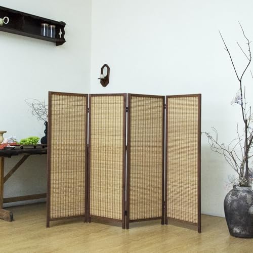 4 Panel Short Room Divider – 3.9 ft Tall Double-Side Folding Privacy Screen, Natural Brown Bamboo Partition Wall for Home Office, Living Room & Corner Spaces - color: Brown, size: 4 Panel