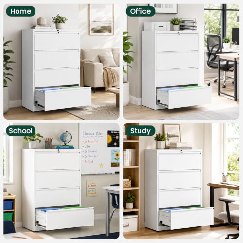 4 Drawer Lateral File Cabinet, Metal Filing Cabinet for Home Office, White | Heavy-Duty Steel Locking Large File Cabinet, Hanging Letter/Legal/A4 Size, Full-Extension Silent Drawer, Un-Assembly - color: White, size: 4 Drawers (35.43 in Width)