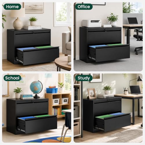 2 Drawer Lateral File Cabinet, Metal Filing Cabinet for Home Office, Black | Heavy-Duty Steel Locking File Cabinet, Hanging Letter/Legal/A4 Size, Full-Extension Drawer, Assembly Required - color: Black, size: 2 Drawers (35.43 in Width)