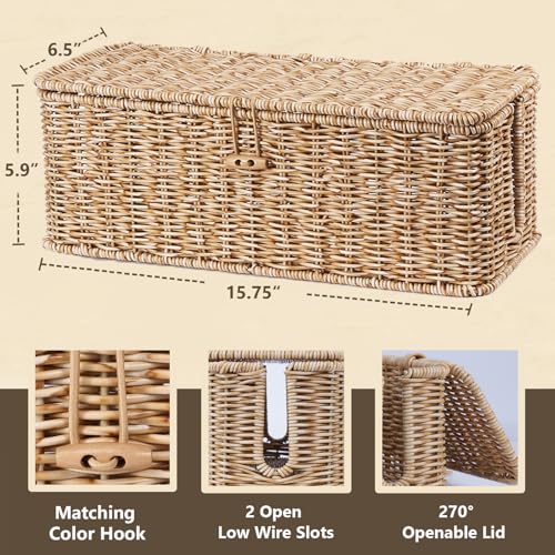 Cable Management Box, Cord Organizer with Lid & Cable Ties - Natural,L | Handmade Open Slots Cord Hider Outlet Covers for Power Strip TV PC Router Charger Under Desk Storage - color: Natural, size: L