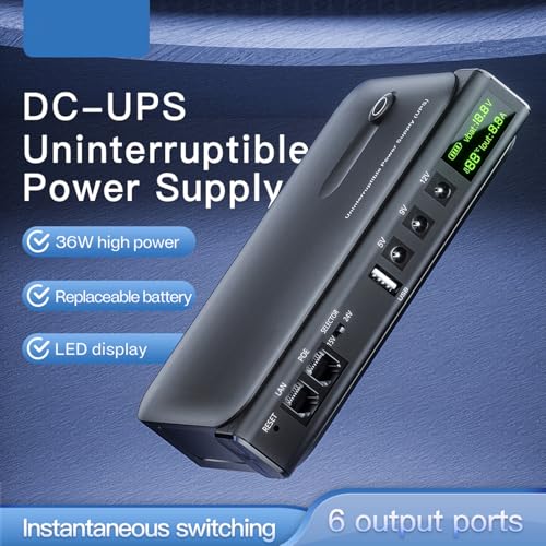 Mini UPS Battery Backup, 36W Uninterruptible Power Supply with DC 5V/9V/12V USB 5V LAN POE 15/24V Output and Real Time Monitoring Display for WiFi Router, Modem, Camera (US Plug 110V)