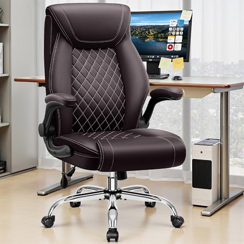 Big and Tall Office Chair, Ergonomic Comfy Desk Chair with Lumbar Support | Executive Leather Computer Chair with Flip Up Arms & Rocking Function, Home Office Gaming Swivel Chair for Back Pain Relief - color: Coffee, size: 1 Pack