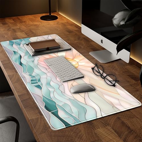 Desk Mat Gaming Desk Pad Large Mouse and Keyboard Pad, Abstract Serene Ocean Sunrise Mouse Mat XXL, Pastel Desk Protector Mat Computer Mats for Desktop Sun & Waves Office Decor 31.5" x 15.7" - color: Faux Stained Glass