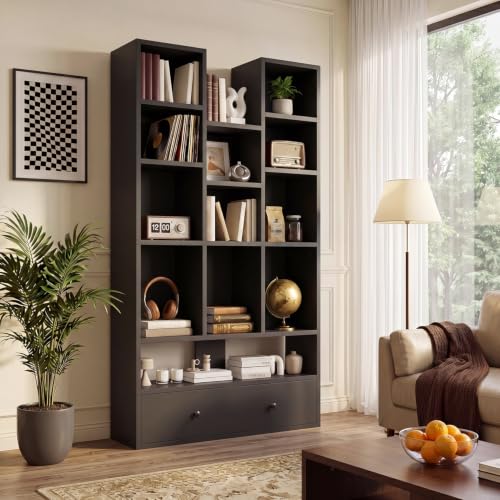 PUKAMI 65" Tall Bookshelf with Drawers, 4-Tier Open Display Bookcase with 11 Storage Cubes, Modern Freestanding Organizer for Living Room Home Office, Black - color: Black