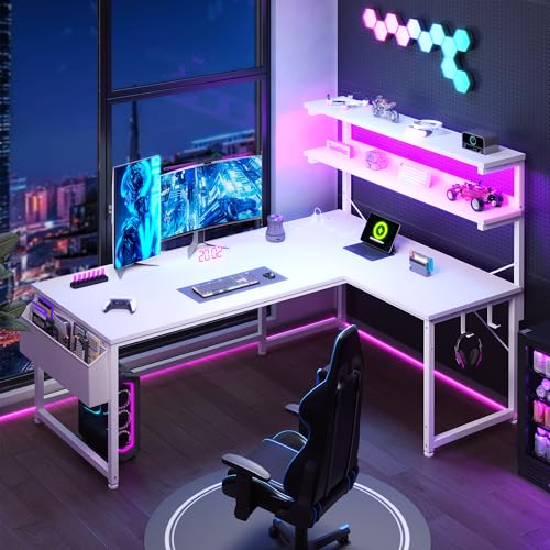 DurayLoly White L Shaped Desk with LED Light & 5 Power Outlet for Gaming | 41 Vivid Lighting Modes LED of Gaming Desk; Built-In Charging Hub (3 AC+2 USB) Charges 5 Devices to Tidy Gaming Station,White - color: White, size: 43Inch