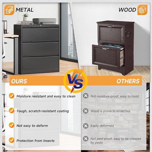 Bestoo 3 Drawer File Cabinet, Metal Lateral Filing Cabinet with Lock - color: Black, size: 3 Drawer 15.7"D x 35.4"W x 40"H