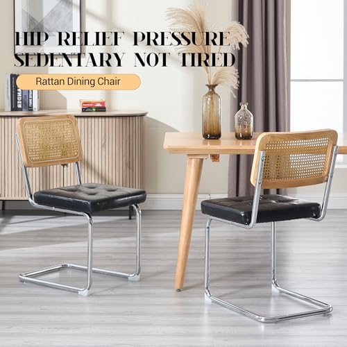 KCC Modern Dining Chairs Set of 6, Faux Leather Rattan Chair,Black | Mid Century Kitchen Side Chairs with Metal Legs and Upholstered Seat for Dining Room,Living Room,Bedroom,Silver Legs - color: Black+silver Legs, size: Set of 6