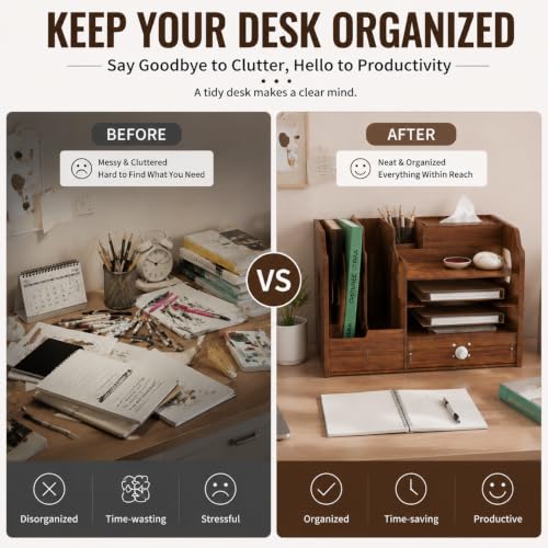Desktop Organizer with Lockable Drawer and Keys, Desk Shelf with Tissue Box, Dual File Holders & 3-Tier Shelves, Multi-Functional Office Storage Rack 22.0×10.6×6.7 Inch for Office and Study Room