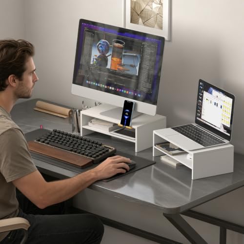 TEAMIX 2-Tier White Monitor Stand Riser with Phone Holder&Clear Pen Holder - color: White, size: 15.7 x 9.5 x 5.7 inches