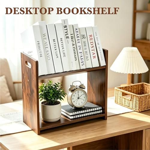 Desktop Bookshelf, 2 Tier Desk Shelf Organizer, Wood Office Tabletop Bookcase, Small Tabletop Book Rack, Portable Mini Bookcase for Book Display, Office, Home, Bedroom, Storage and Display