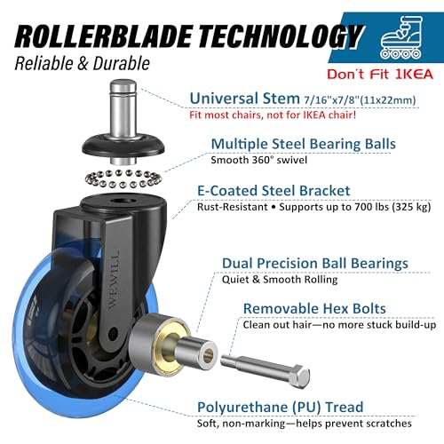 WEWILL Office Chair Wheels - Rubber Casters Replacement Universal Fit 98% Chair(Set of 5) Heavy Duty 3 Inch Smoothly & Quietly Safe for All Floor, Hardwood, Tile, Carpet, Noise Free - Blue - color: Blue