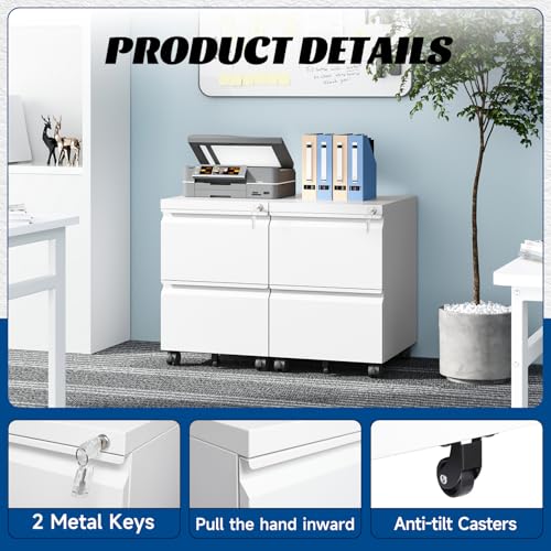 Fesbos 2 Drawers Vertical File Cabinet - Fully Assembled White Under Desk Mobile Filling Cabinet Small Lockable Home Office File Cabinets for A4/Letter/Legal Size - color: White, size: 14.6"W-2 Drawers-Fully Assembled