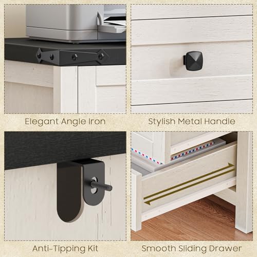 Halitaa 5 Drawer Small File Cabinet, Farmhouse Vertical Filing Cabinet - color: Rustic White and Black