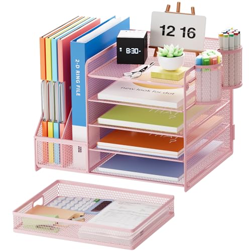 Marbrasse Desk Organizer with File Holder, 5-Tier Paper Letter Tray Organizer with Drawer and 2 Pen Holder, Mesh Desktop Organizer and Storage with Magazine Holder for Office Supplies(Pink) - color: Pink