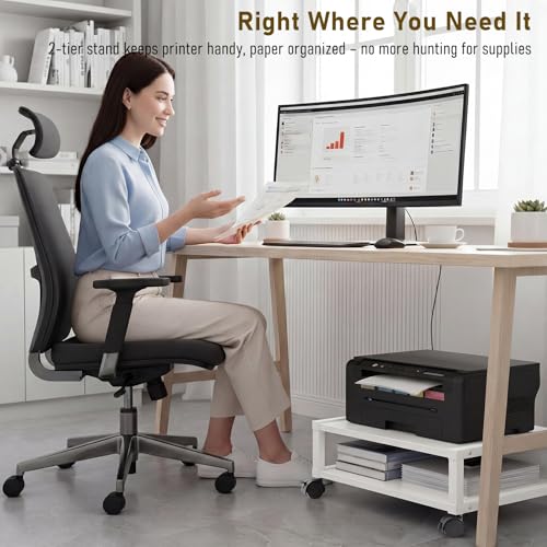 Zonon 2 Tier Printer Stand Under Desk with Wheels, Open Shelf, White - color: White