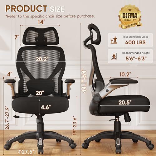 Ergonomic Office Chair, Big and Tall Mesh Chair with Adjustable Lumbar Support, 5D Arms & Wide Seat, 135° Recline Home Desk Computer Chairs for Work Gaming, Heavy Duty,400LBS - Black - color: Black