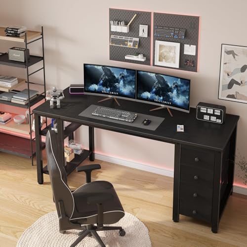 Lufeiya Gaming Desk with 4 Fabric Drawers & Storage Shelves, 55 inch Computer Writing Work Study Desk for Home Office Bedroom, Modern Simple Student PC Desks Table, Black - color: Black, size: 55.1"