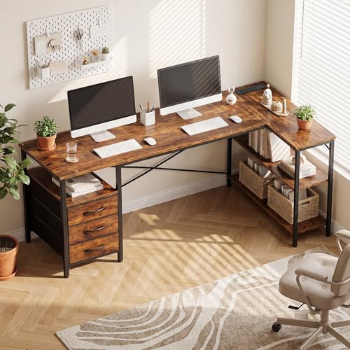 Alpen L Shaped Computer Desk, 47 Inch Corner Desk with Drawers and Power Outlets, Home Office Desk for Gaming, Study Writing PC Table with Storage and Reversible Shelf, Brown - color: Brown, size: 47 Inches Without Led Lights
