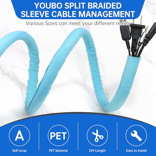 Split Braided Cable Sleeve,Flexible Wire Loom Tubing, Automotive Cord Protector Pet Proof, Cable Management for Computer TV Electric Wires Harness 16ft (Sky Blue, 13mm(1/2") - color: Sky Blue, size: 13mm(1/2")