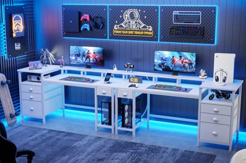 Furologee 60" White Computer Desk with 4 Drawers, Power Outlet, LED Lights - color: White, size: 60 Inch