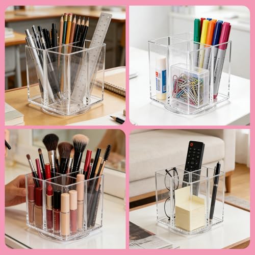 Acrylic Makeup Brush Holder, Clear Rotating Makeup Brush Holder Organizer with 4 Slots, Square Makeup Brush Cup for Vanity Desk Countertop Bathroom - size: Square-4.5in