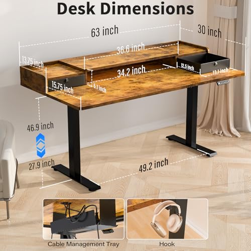 Kingant Standing Desk with Dual Drawers,Electric Height Adjustable 63"x 30" - color: Rustic Brown, size: 63" x 30"